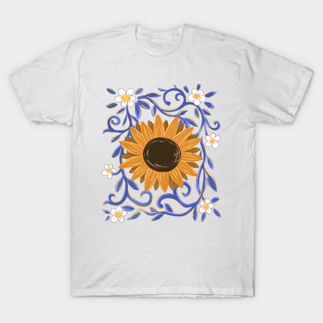 Yellow Sunflower Sunshine with Ornate Vines T-Shirt by Kraina